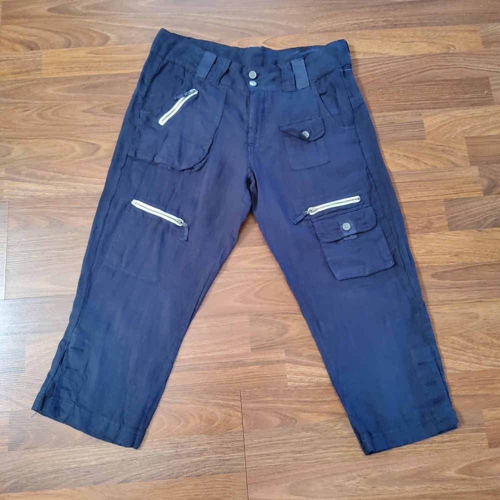 Johnny Was Linen Cargo Capri Pants Navy Blue New Gem